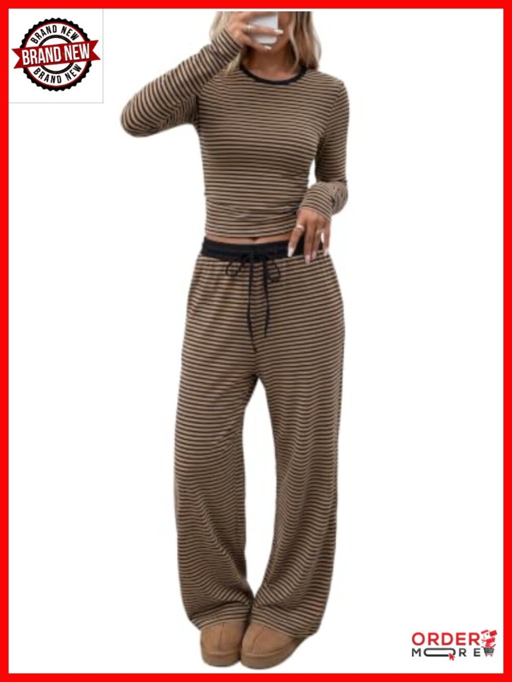 EXLURA Women Cotton 2 Piece Crop Top Wide Leg Pant Set Striped Lounge